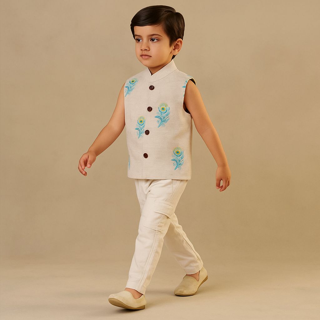 Pre Order: Janmashtami Special: Off White Embroidered Sleeveless Jacket
