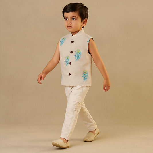 Pre Order: Janmashtami Special: Off White Embroidered Sleeveless Jacket
