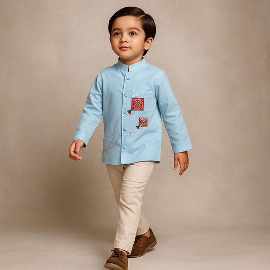 Pre Order: Kites Adorned Patch Pocket Blue Shirt