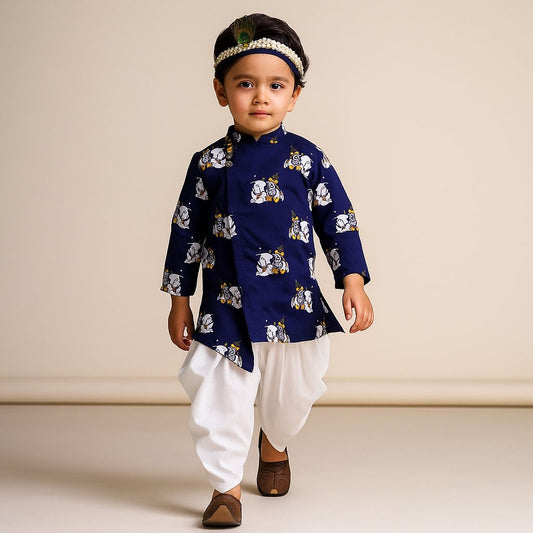 Pre Order: Janmashtami Special: Krishna Printed Blue Kurta With Dhoti