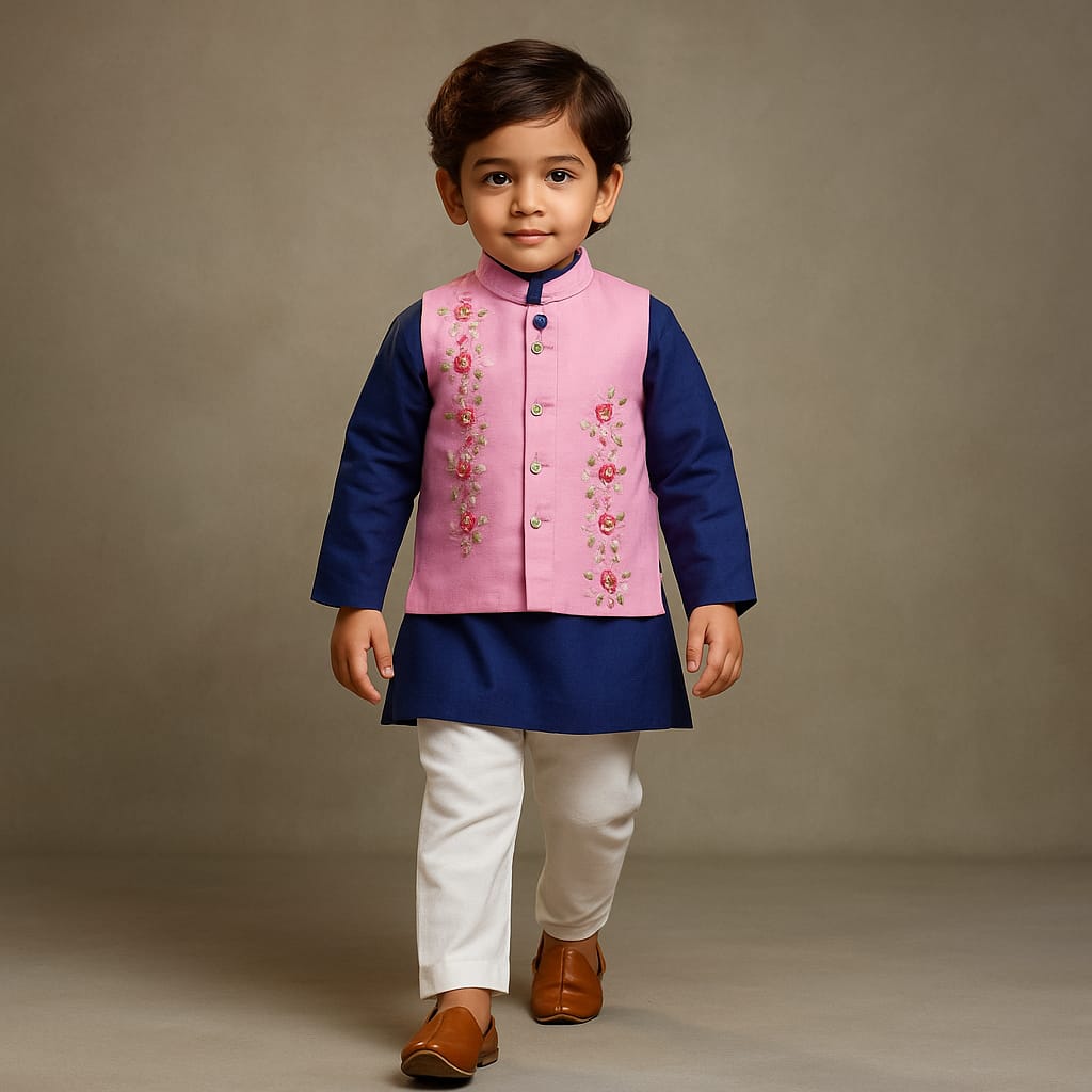 Pre Order: Blue Plain Kurta And Embroidered Jacket With Pyjama