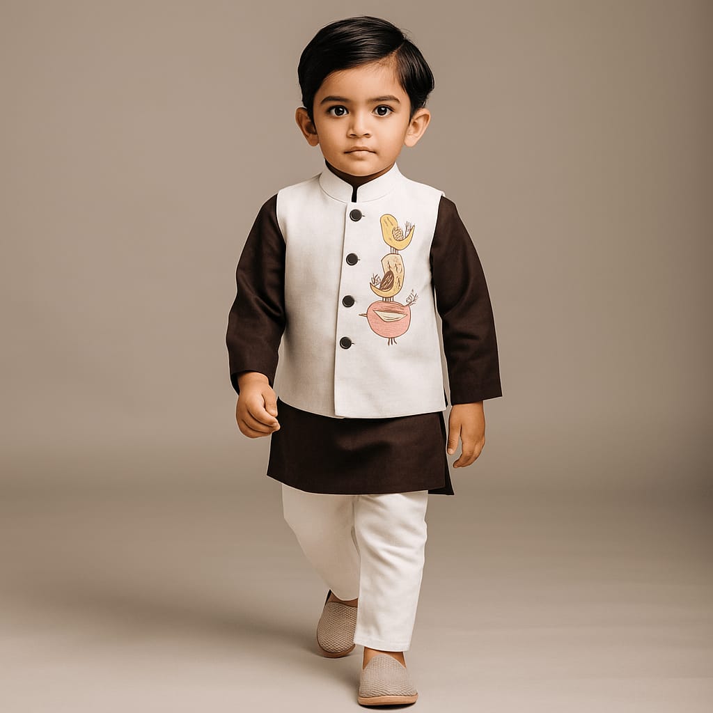 Pre Order: Plain Kurta And Bird Embroidered Jacket With Pyjama