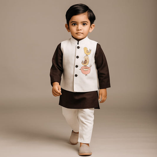 Pre Order: Plain Kurta And Bird Embroidered Jacket With Pyjama