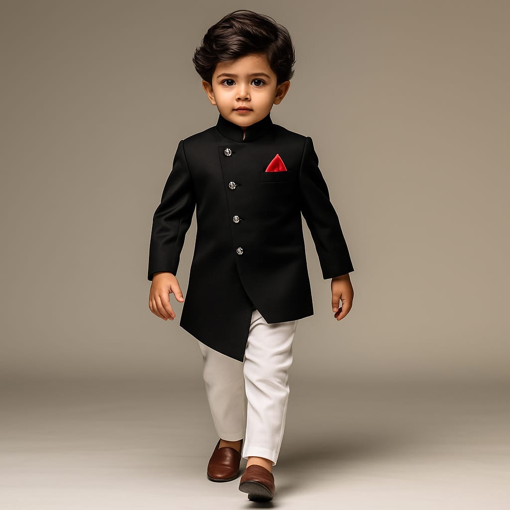 Pre Order: Contrasting Pocket Square Black Sherwani And Pyjama