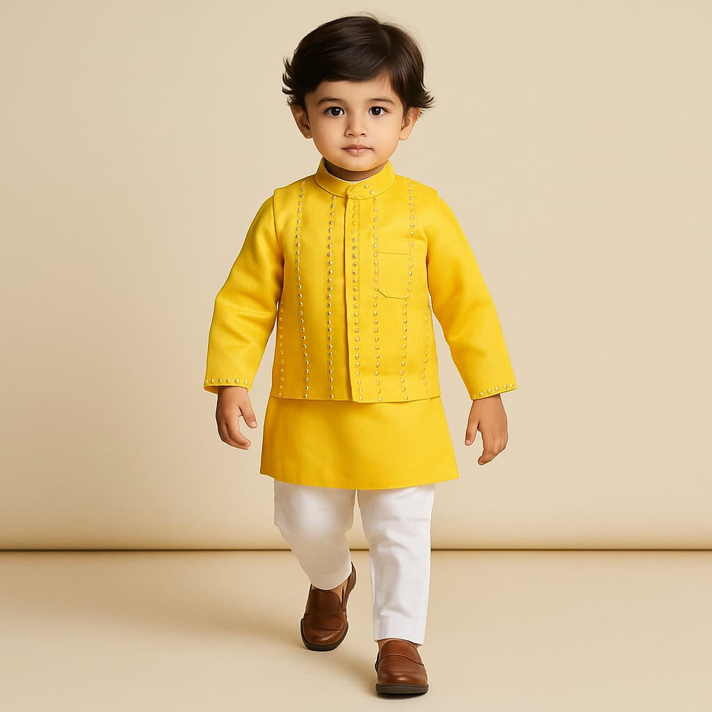 Pre Order: Faux Mirror Work Front Placket Yellow Kurta With Pocket Detail Jacket And Pyjama