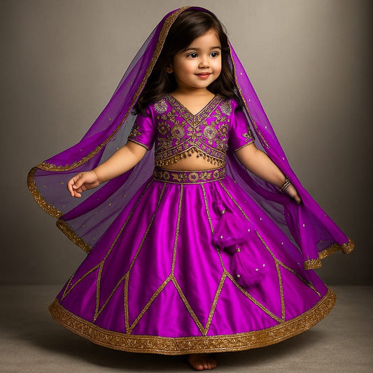 Pre Order: Floral Embroidered Wine Top And Lehenga With Matching Net Dupatta