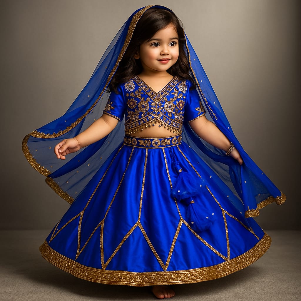 Pre Order: Floral Embroidered Blue Top And Lehenga With Matching Net Dupatta