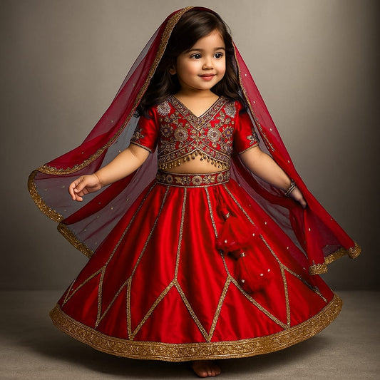 RTD Pre Order: Floral Embroidered  Red Top And Lehenga  With Matching Net Dupatta