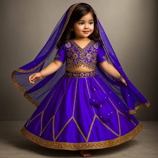Pre Order: Floral Embroidered  Purple Top And Lenega With Matching Net Dupatta