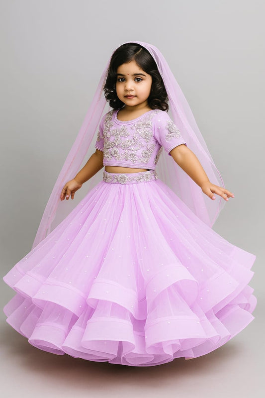 Pre Order:Purplish Pink Embroidered Crop Top And Net Layered Lehenga