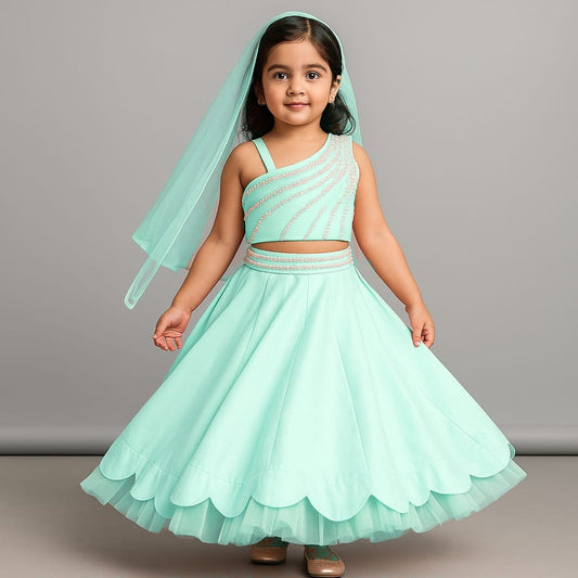 Pre Order: Ethnic One Shoulder Drape Top And Scalloped Hem Lehenga