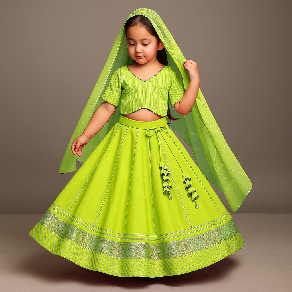 Pre Order: Gota Lace Detail Top And Lehenga With Net Dupatta