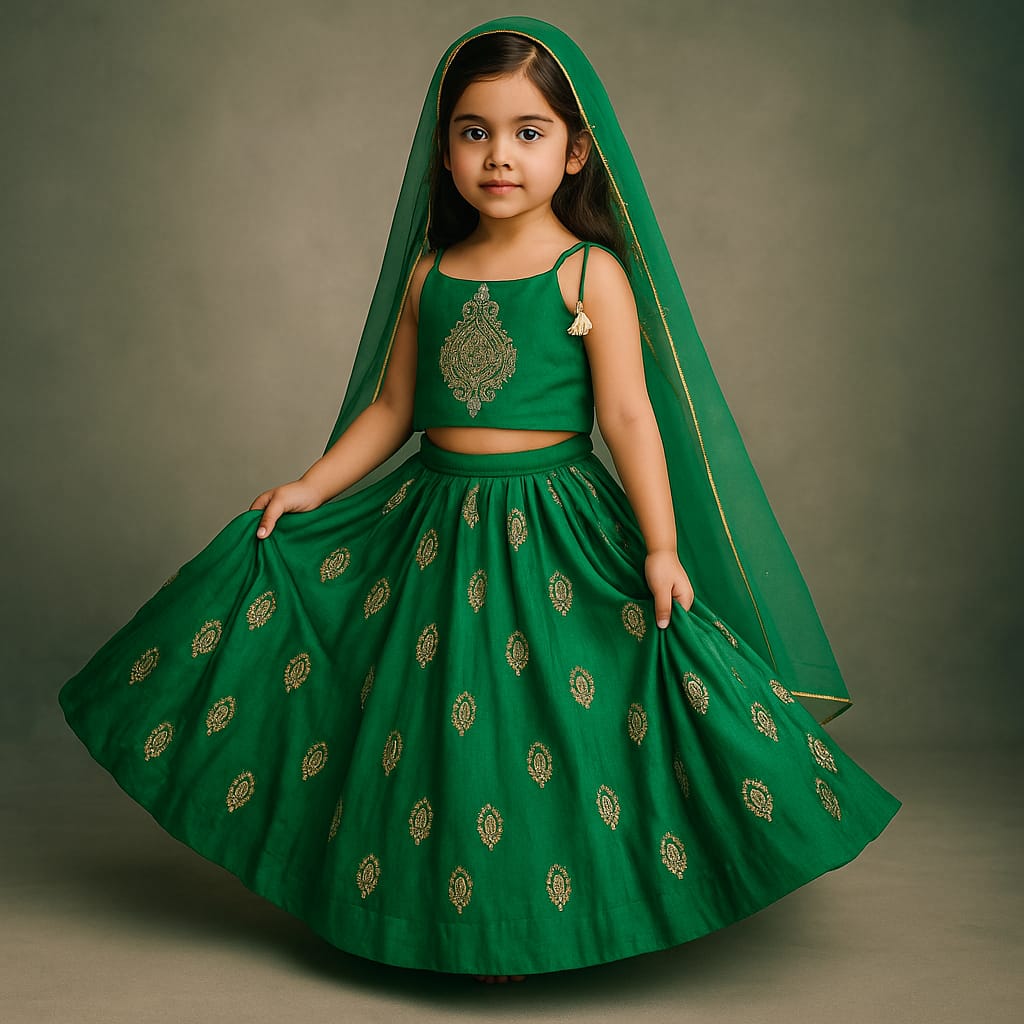 Pre Order: Green Dori Embroidered Strappy Top And Stylish Layered Lehenga