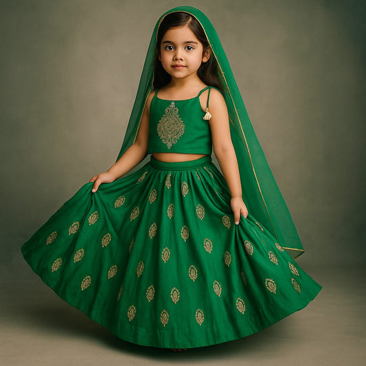 Pre Order: Green Dori Embroidered Strappy Top And Stylish Layered Lehenga
