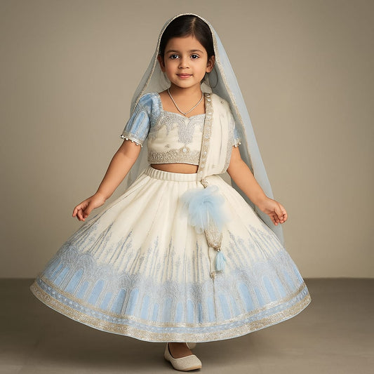 Pre Order: Embroidered Top With Lehenga And Dupatta