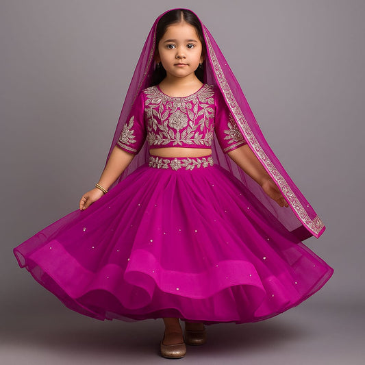 Pre Order: Pink Embroidered Crop Top And Net Layered Lehenga