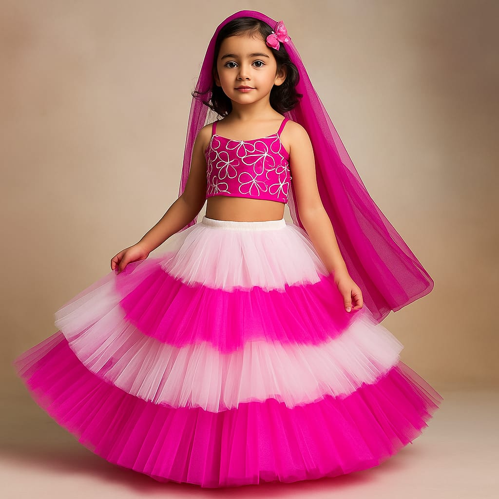 Pre Order: Butterfly Embroidered Strappy Top And Multi-Layered Net Lehenga