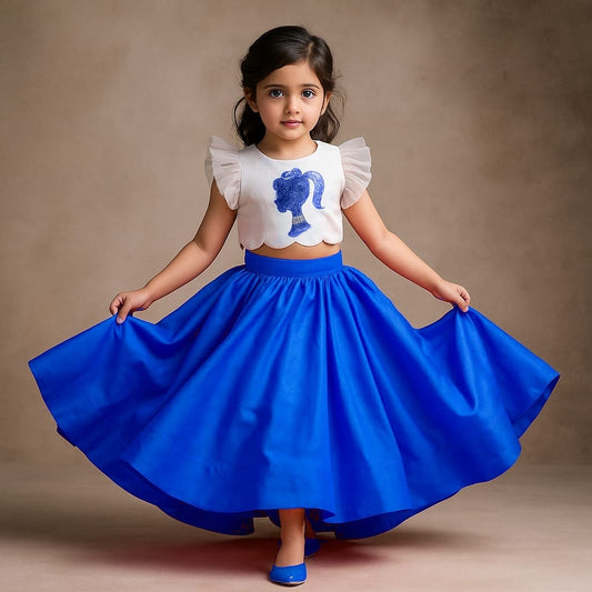 Pre Order: White And Blue Embroidered Top And High Low Lehenga