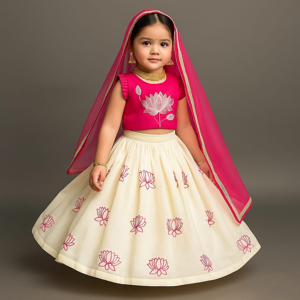 Pre Order: Lotus Embroidered Pink Top With Lehenga