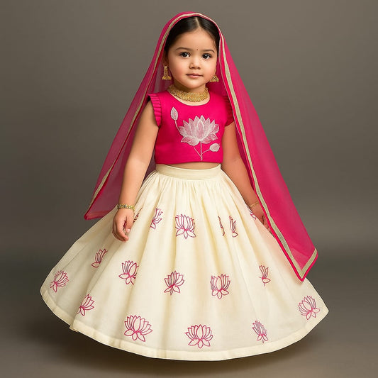 Pre Order: Lotus Embroidered Pink Top With Lehenga