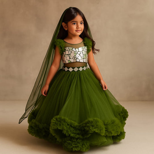 Pre Order: Mehendi Mirror Work Enhanced Top With Flared Lehenga And Matching Head Band