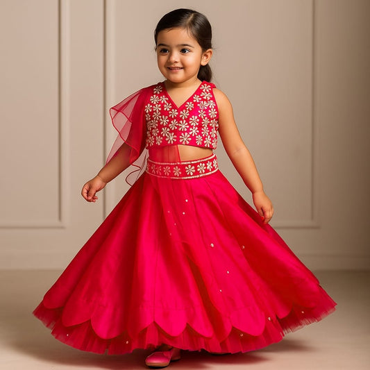 Pre Order: Halter Neck Red Floral Embroidered Top And Scalloped Hem Lehenga With Flat Back Pearls Enhanced Ruffle Dupatta