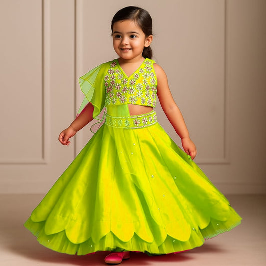 Pre Order: Halter Neck Green Floral Embroidered Top And Scalloped Hem Lehenga With Flat Back Pearls Enhanced Ruffle Dupatta