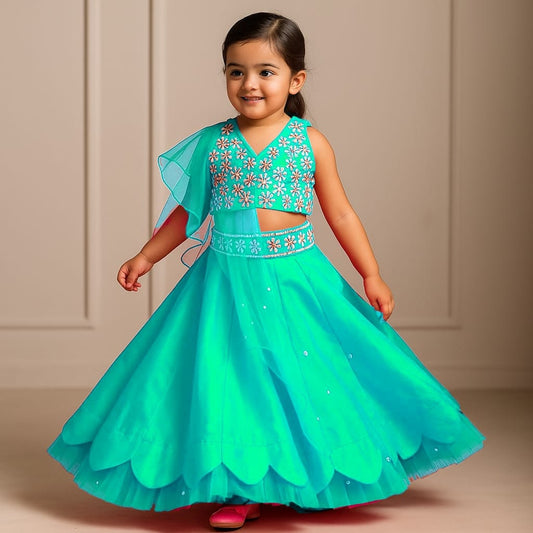 Pre Order: Halter Neck Teal Blue Floral Embroidered Top And Scalloped Hem Lehenga With Flat Back Pearls Enhanced Ruffle Dupatta