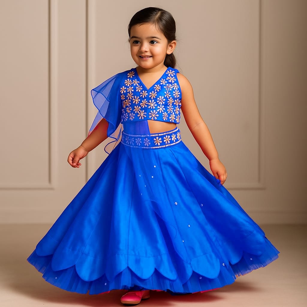 Pre Order: Halter Neck Blue Floral Embroidered Top And Scalloped Hem Lehenga With Flat Back Pearls Enhanced Ruffle Dupatta