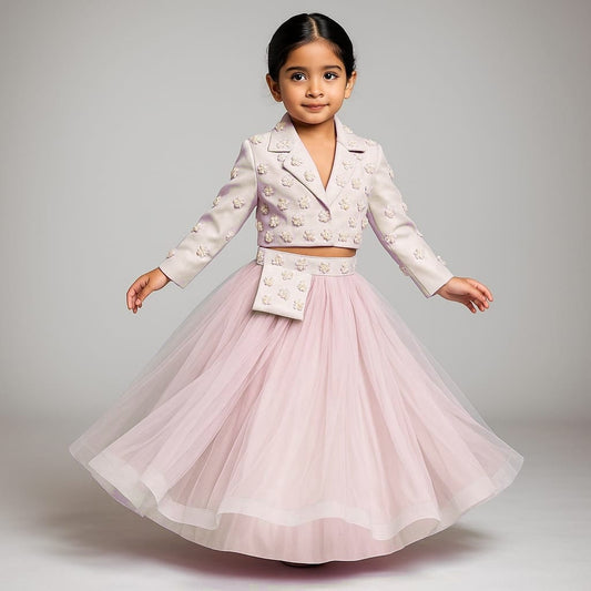 Pre Order: Pastel Strappy Top With Embellished Jacket And Lehenga