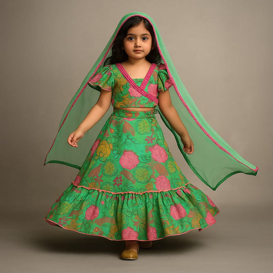 Pre Order: Green Printed Faux Mirror Work Top and Lehenga