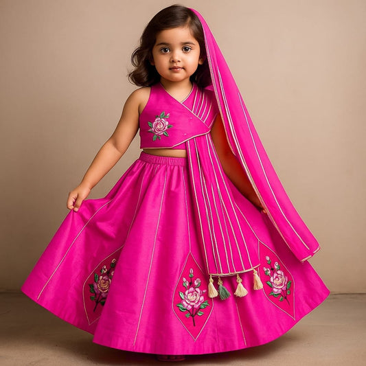 Pre Order:Floral Embroidered Top With Attached Pleated Dupatta And Lehenga