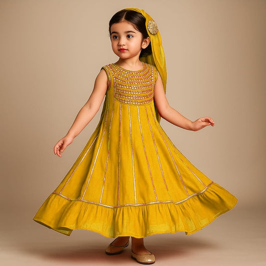 Pre Order: Elegant Shiny Mustard Flared Anarkali With Matching Dupatta