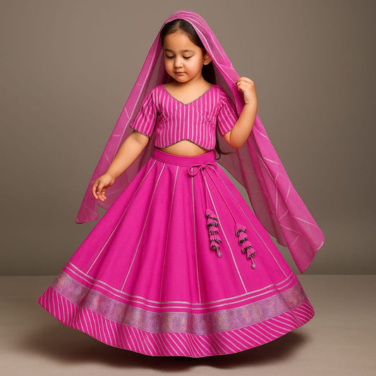 Pre Order: Ethnic Gota Lace Detail Top And Lehenga With Net Dupatta