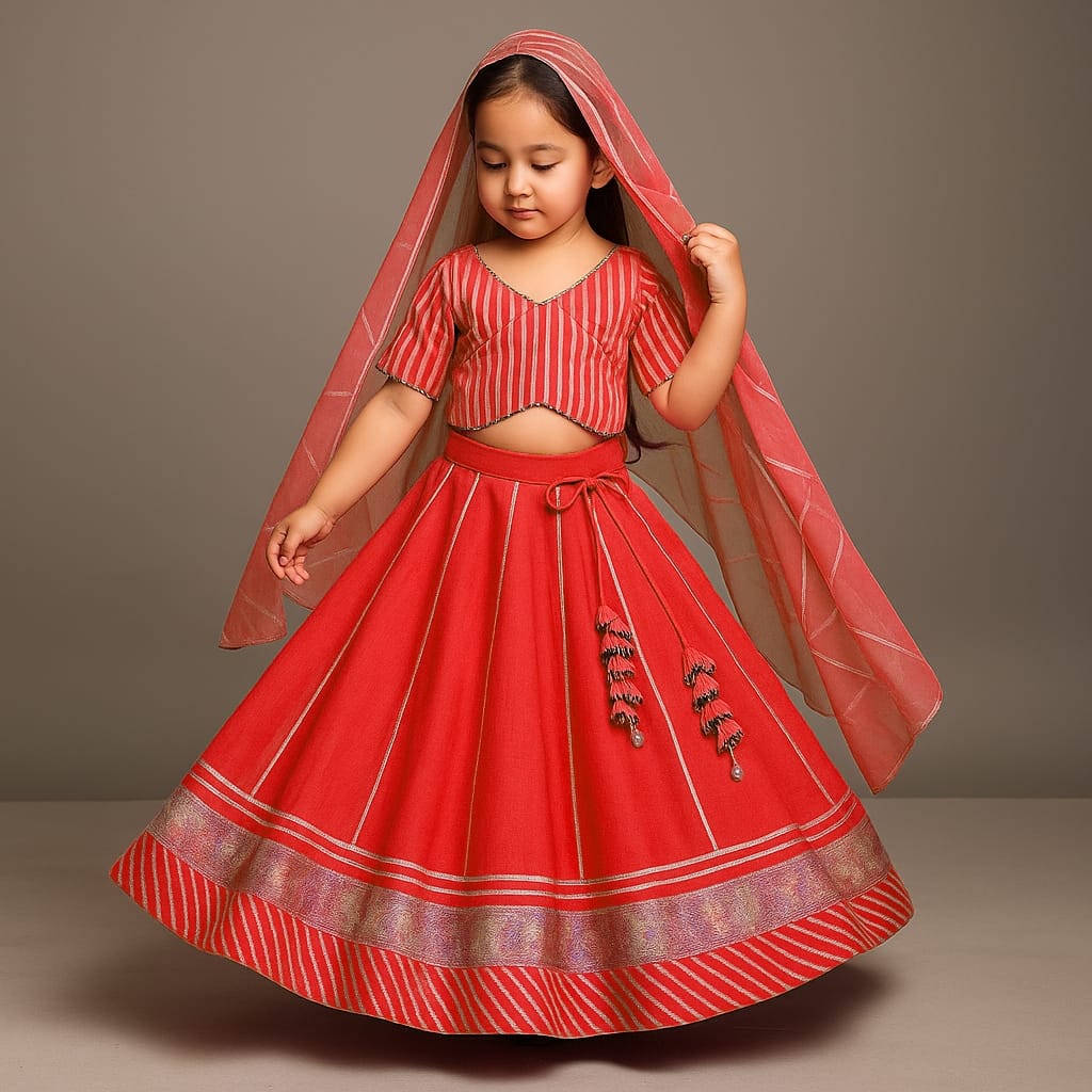 Pre Order: Gota Lace Detail Red Top And Lehenga With Net Dupatta