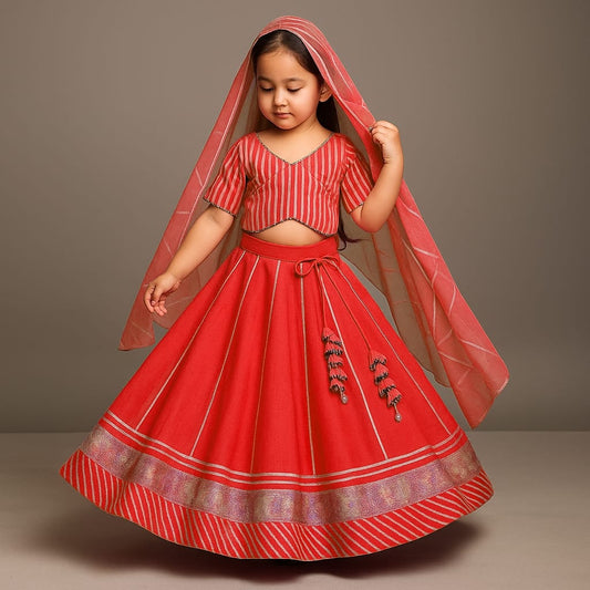 Pre Order: Gota Lace Detail Red Top And Lehenga With Net Dupatta