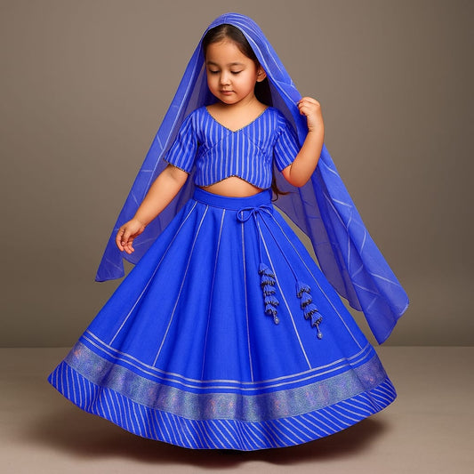 Pre Order: Gota Lace Detail Blue Top And Lehenga With Net Dupatta