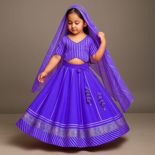 Pre Order: Gota Lace Detail Purple Top And Lehenga With Net Dupatta