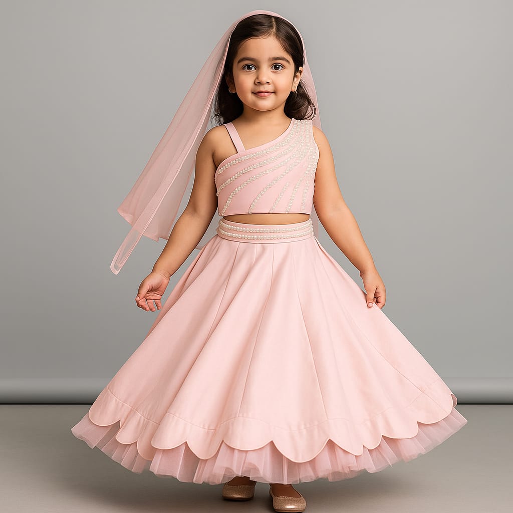 One Shoulder Drape Top And Scalloped Hem Lehenga