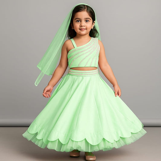 Pre Order: Elegant One Shoulder Drape Top And Scalloped Hem Lehenga