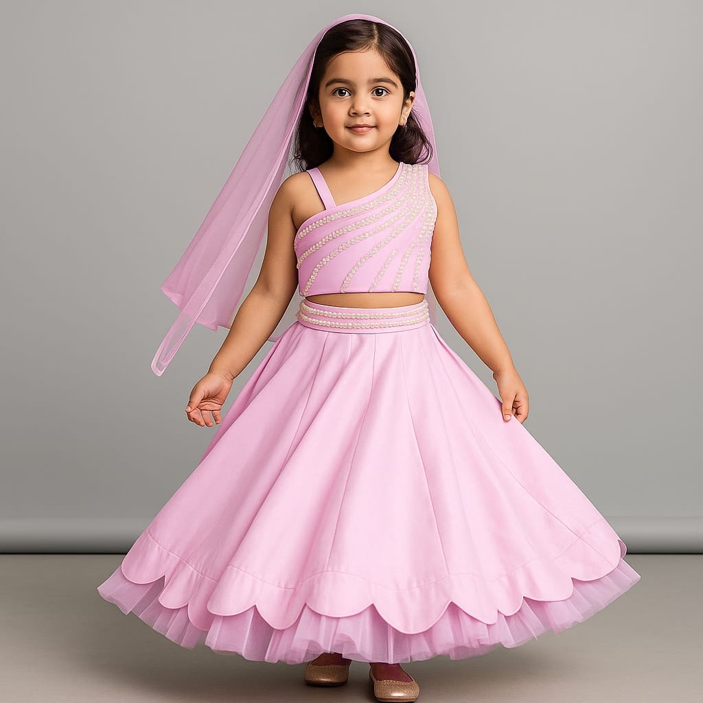 Pre Order: One Shoulder Purplish Pink Drape Top And Scalloped Hem Lehenga