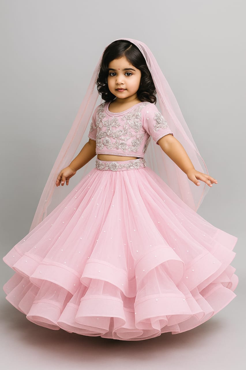 Pre Order:Blush Pink Embroidered Crop Top And Net Layered Lehenga