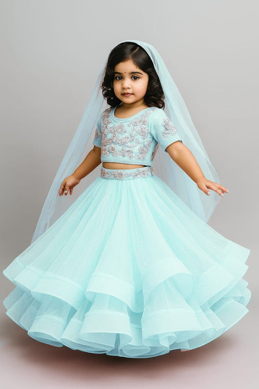 Pre Order:Powder Blue Embroidered Crop Top And Net Layered Lehenga