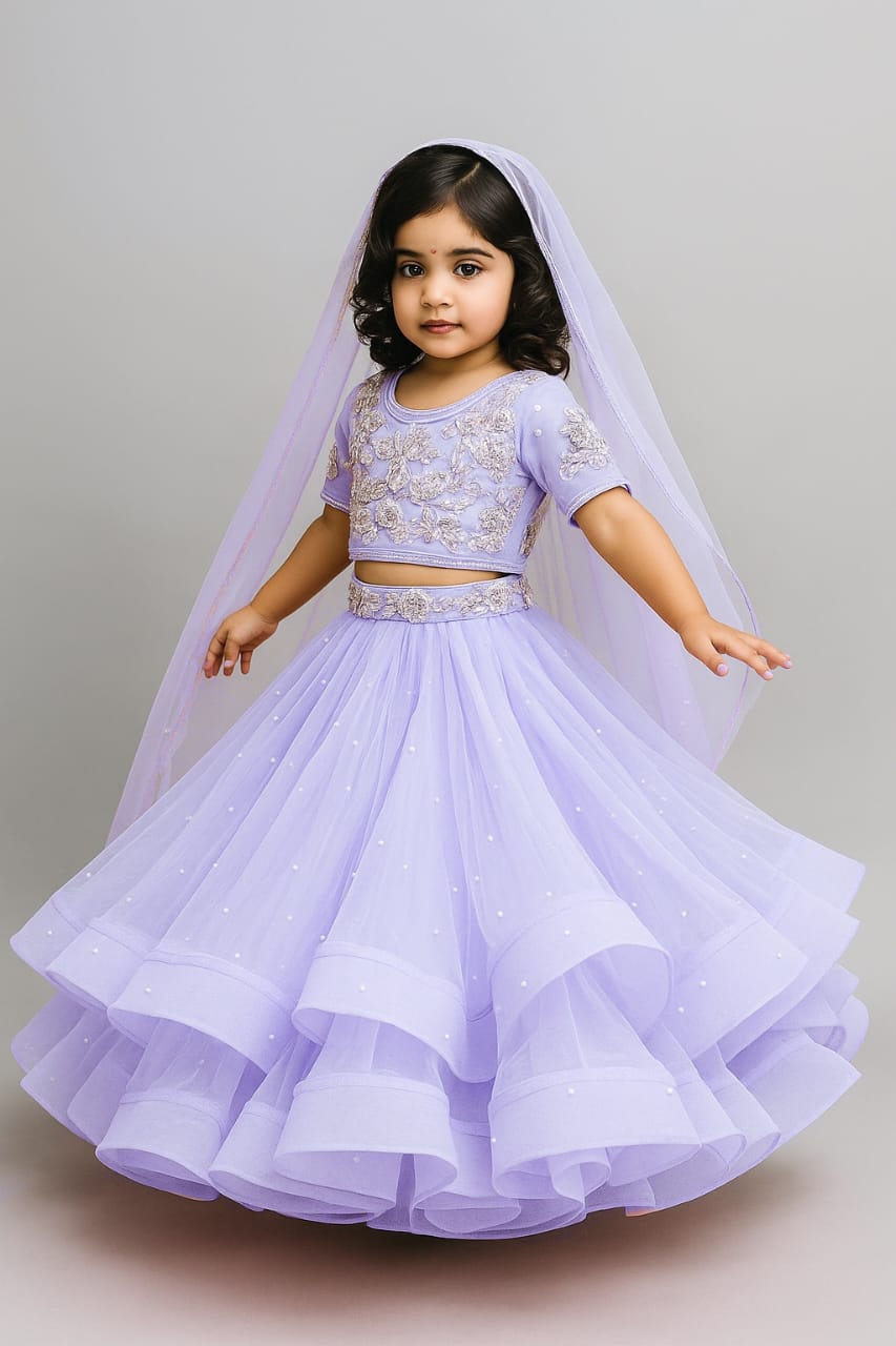 Pre Order: Embroidered Crop Top And Net Layered Lehenga
