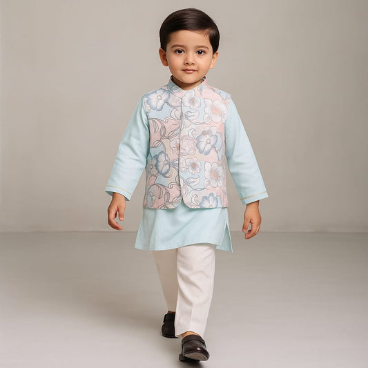 Pre Order: Vertical Gota Lace Work Blue Kurta With Embroidered Sleeveless Jacket And Pyjama