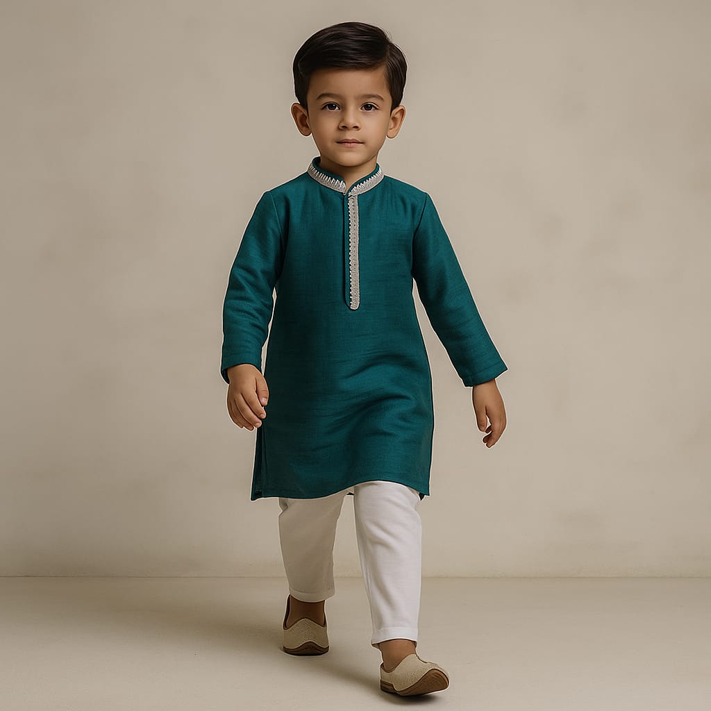 Pre Order: Sequins Embellished Lace Work Teal Blue Ethnic Kurta And Pyjama