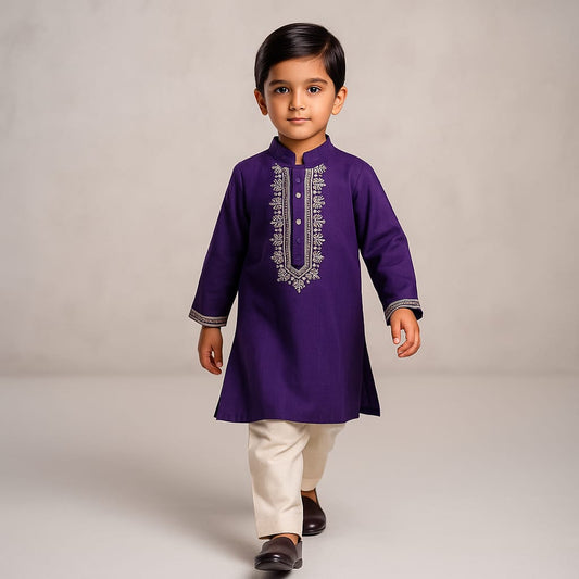 Pre Order: Purple Zari Embroidered Kurta And Beige Pyjama