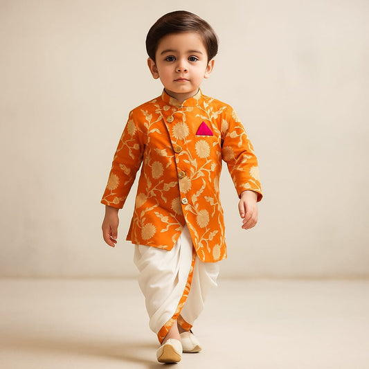 Pre Order: Orange Floral Brocade Asymmetric Kurta With Dhoti