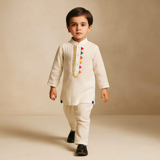 Pre Order: Colourful Triangle Lace Work Off White Kurta And Pleated Patiala