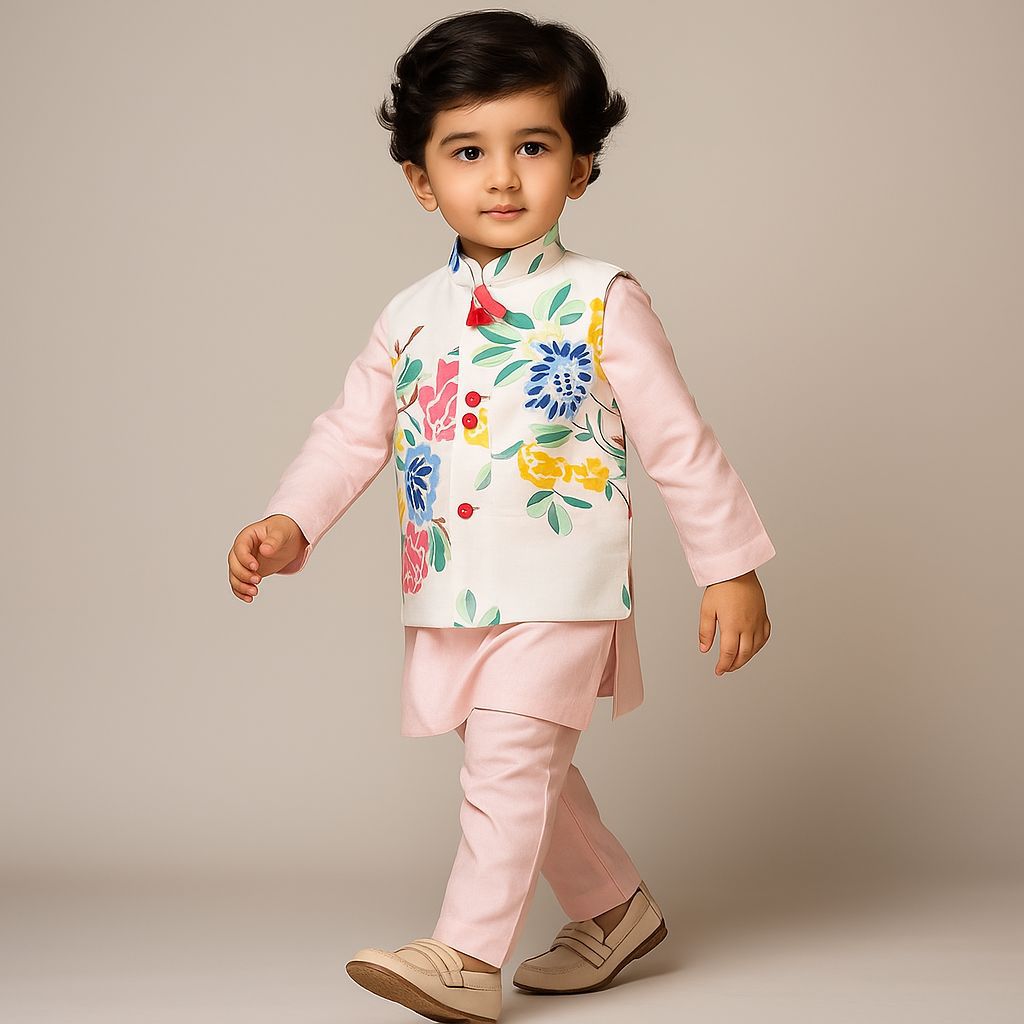 Pre Order: Pink Kurta With Floral Printed Jacket And Pyjama